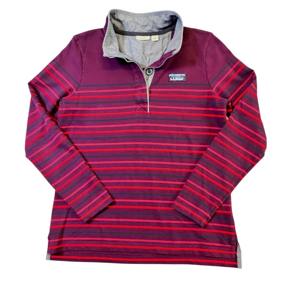 LL Bean Rugby Henley Shirt Women's sz Small Purple Stripe Mock Neck 100% Cotton